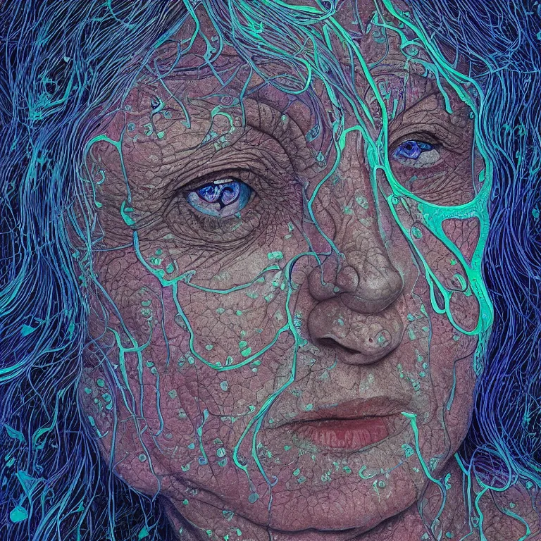 Image similar to dark underwater portrait of one bioluminescent old woman, with cracked reaction diffusion transparent skin. multicolored fish scales, face closeup. long intricate dark hair. good face proportions. with many jellyfishes. very high detail, illustration, by alex grey and ilya kuvshinov