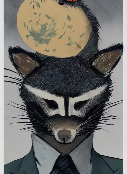 Image similar to a dramatic gouache portrait of an anthropomorphic raccoon mob boss, by posuka demizu, by stephen gammell, by victo ngai, by george ault, in the style of mafia, artstation