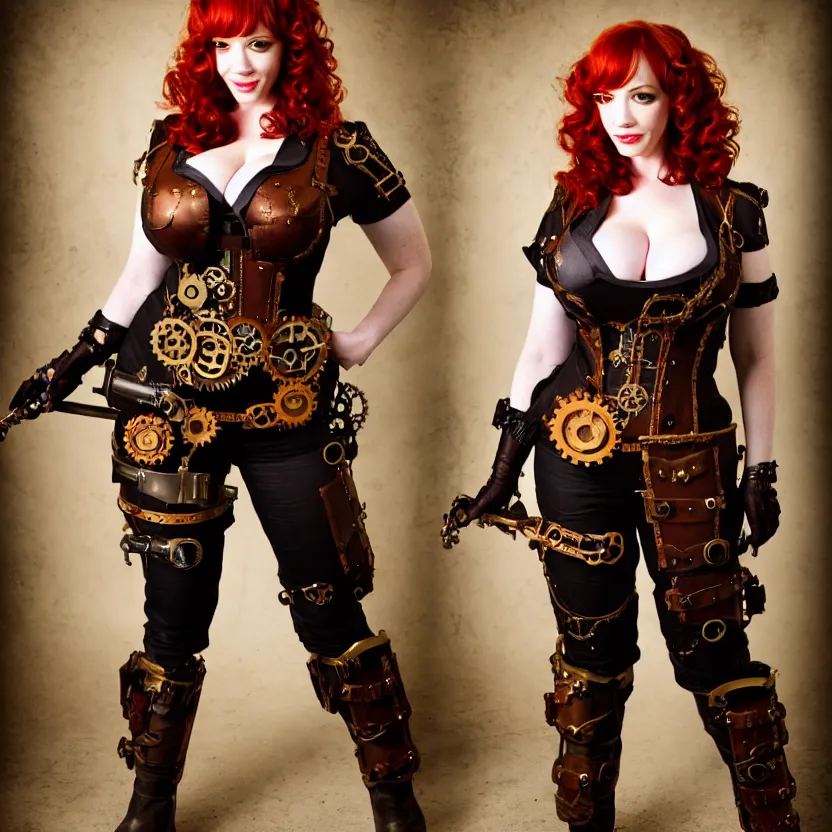 Image similar to full body photograph of christina hendricks as a steampunk warrior, extremely detailed. dslr. 8 5 mm.