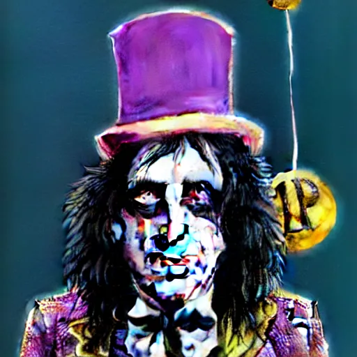 Image similar to graphic illustration, creative design, alice cooper as willy wonka, biopunk, francis bacon, highly detailed, hunter s thompson, concept art