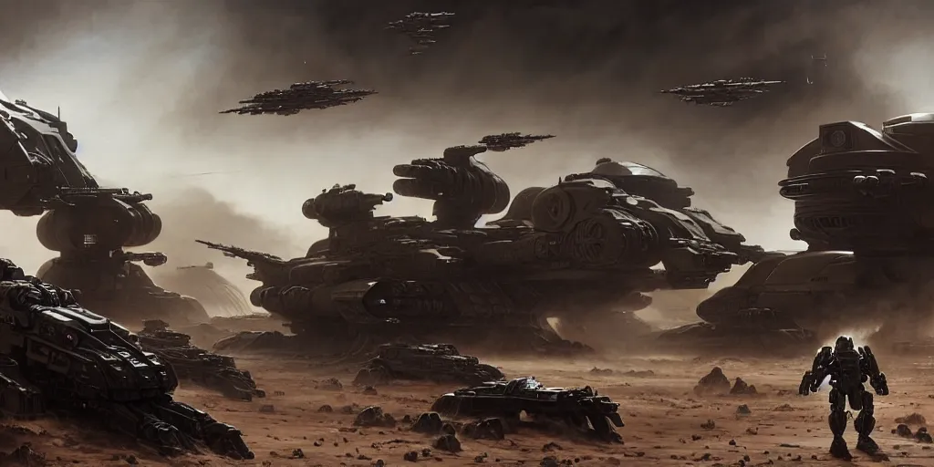 Prompt: hyper realistic sci - fi matte concept art painting of epic cinematic battle between a variety of mechwarriors and soldiers fighting on mars, guns, missiles, explosions, beautiful details, strong composition painted by kim jung guweta studio rutkowski, james gurney and greg rutkowski, and lucasfilm, smooth, intricate, detailed, sharp focus, cinematic