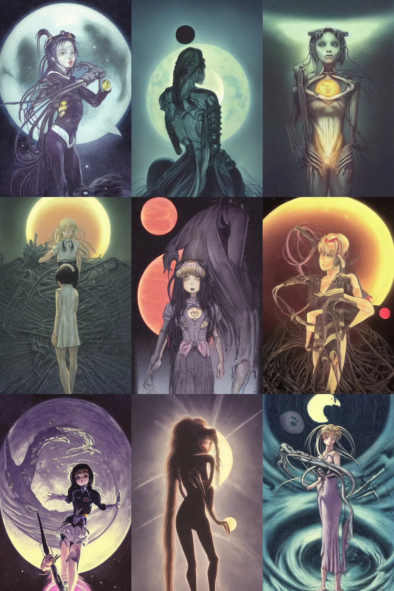 Prompt: h. r. giger!!! inspired portrait of sailor moon!!!, japanese girl school uniform, sunset, waterhouse, back lit, foggy, eclipse, dark scifi, in the style of naoko takeuchi, yoshitaka amano!!! chris foss and alan lee, zdzislaw beksinski, ruan jia beautiful!