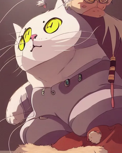 Prompt: fat otaku on the giant cat, funny comic panels, graphic art, rgba, 8 k hd resolution, pinterest, dynamic character, 8 k character details, concept art, 8 k ultra realistic, intricate details, ultra detailed, reduce character duplication, in style of hayao miyazaki