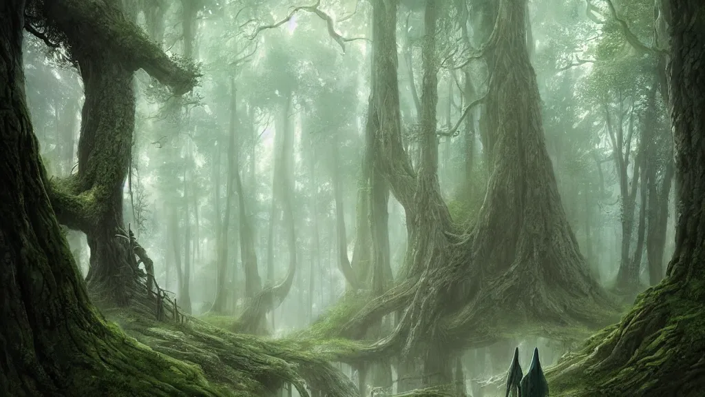 Prompt: peaceful elven forest, thick forest, large ents are visible in the background, by alan lee, michal karcz, smooth details, lord of the rings, game of thrones, smooth, detailed terrain, oil painting, trending artstation, concept art, fantasy matte painting