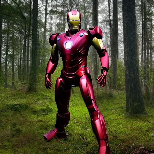 Image similar to rusty abandoned iron man suit in the middle of the forest, 4k realistic photo