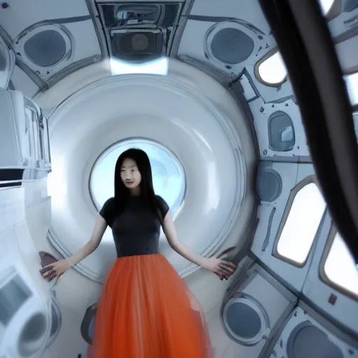 Image similar to a korean woman with long black hair and grey / black futuristic metallic clothing floating in zero - gravity in a spaceship with a white and blue futuristic interior. orange lighting, kodak film grain, expired film