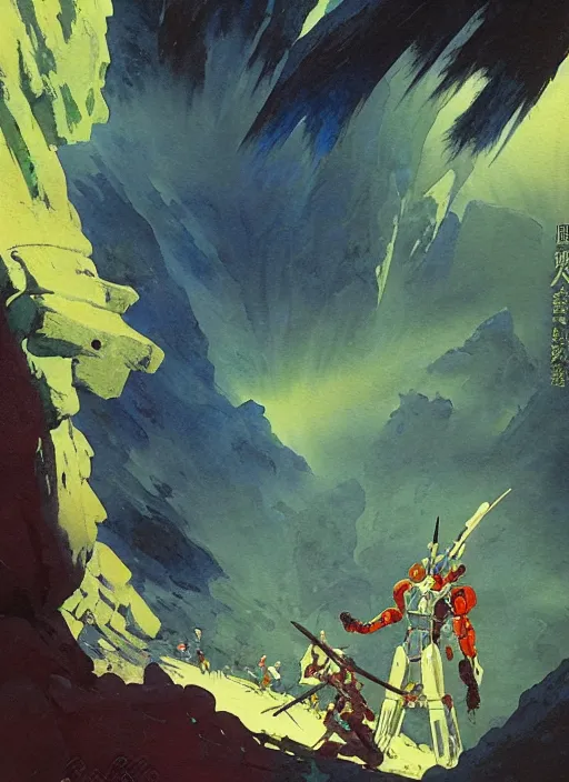 Prompt: vintage anime cinematic robot warrior emerging from moonlit lush cave mountain by Ivan Aivazovsky, watercolor concept art by Syd Mead, by william herbert dunton, watercolor strokes, japanese woodblock, by Jean Giraud