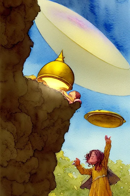 Prompt: a hyperrealist watercolor concept art of an elegant golden ufo in the sky abducting a medieval peasant child. very muted colors, by rebecca guay, michael kaluta, charles vess. high detail, hq, wide shot, 4 k