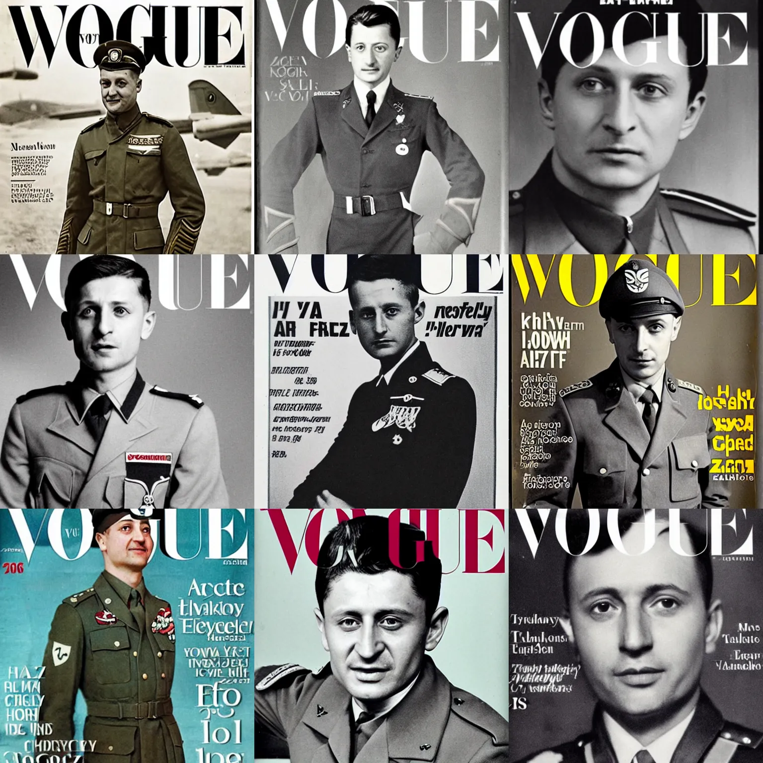 Prompt: Volodymyr Zelensky as a Luftwaffe officer on the cover of the Vogue magazine