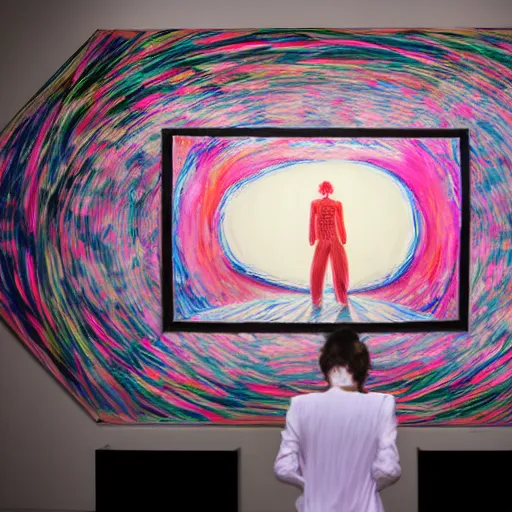 Image similar to art curator looking at a screen with a painting of a dream haze, recursive, on stage in the middle of a fashion show, in the style of grand chamaco and stanley kubrick, inspired by evangelion, photorealistic, epic, super technical, cinematic still