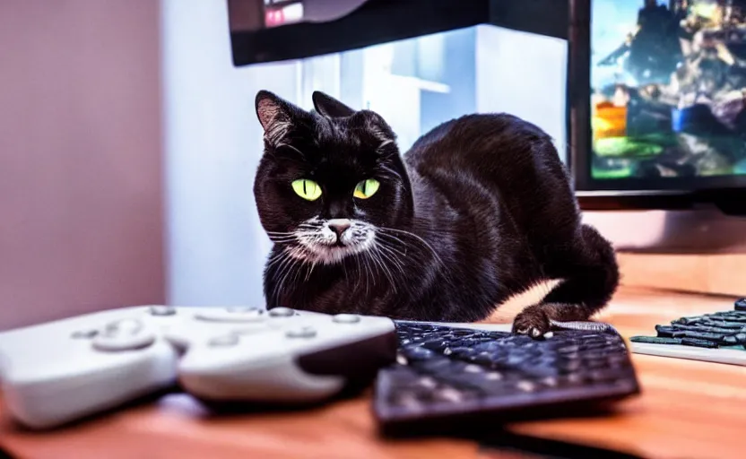 Image similar to a cat using a gaming computer, realistic, dark, rgb