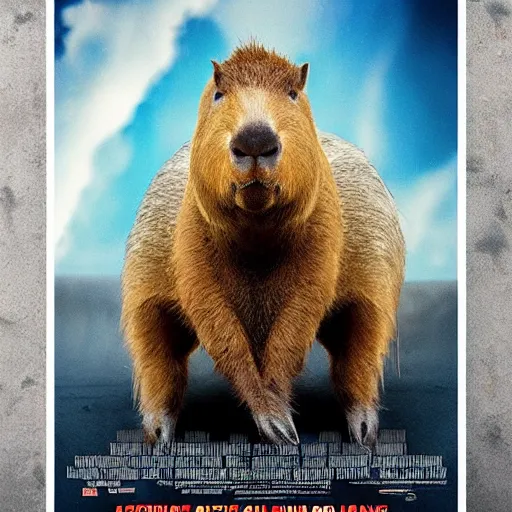 Image similar to movie poster about capybaras, action movie poster, realistic capybaras