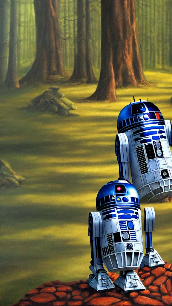 Image similar to an oil painting of r 2 - d 2 sitting by the fire at the ewok encampment, surrounded by trees. color harmony, 8 k detail, gallery quality, hd wallpaper, premium prints available, hyper - detailed, intricate design.