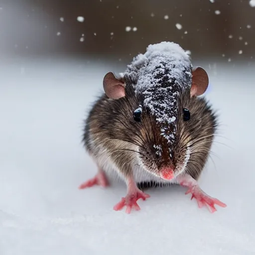 Prompt: mouse dino searching for food in the snow, macro shot, soft light of winter, award winning photo, national geographic,