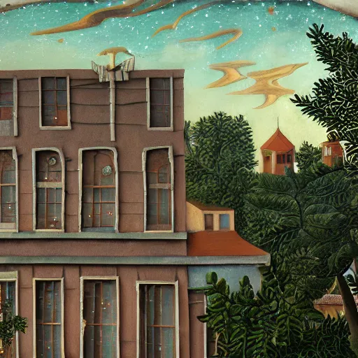 Image similar to fresco on a building, with dragon and falling stars, dark faded colors, in style of henri rousseau, highly detailed, unreal engine, photorealism