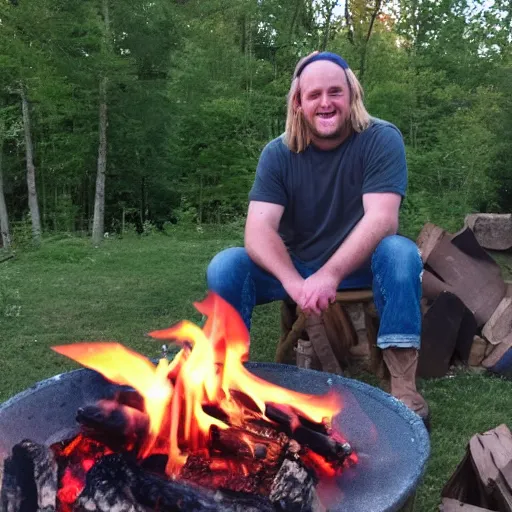 Image similar to photo of hillbilly with long blonde hair smiling near a fire pit