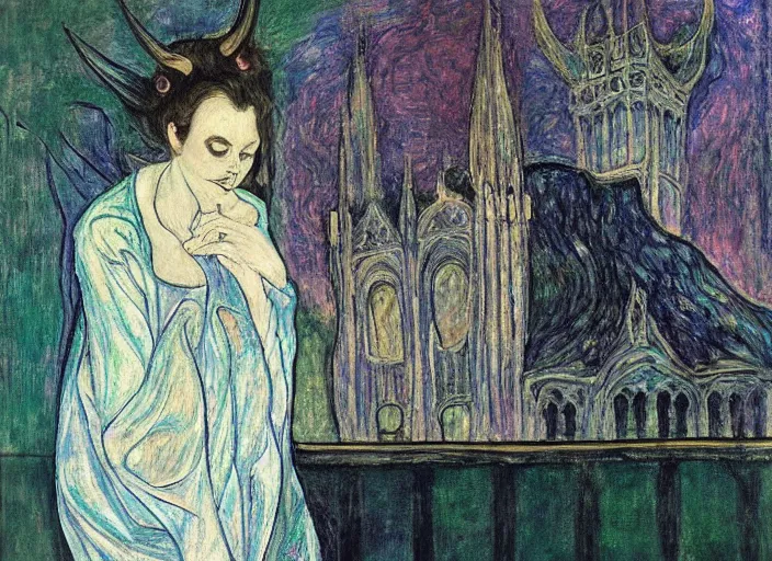 Image similar to woman in transparent vaporous night gown with demonic creature with horns and snout, with city with gothic cathedral seen from a window frame with curtains. vivid iridescent psychedelic colors. munch, egon schiele, bosch, henri de toulouse - lautrec, utamaro, monet, agnes pelton - h 7 0 4