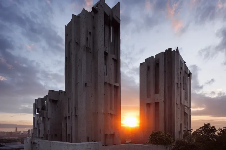 Image similar to an extremely detailed cathedral of brutalist architecture, stunning volumetric light, sunset, metal, concrete and translucent material, stunning skied, 8k, by Greg Rutkowski