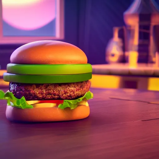 Image similar to burger, splash, 3 d render, incredible details, highly detailed, photorealistic, disney pixar, smooth, octane render, iridescent, 8 k