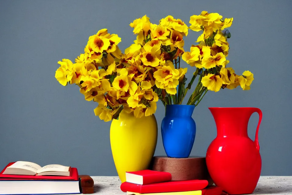 Image similar to red book and yellow vase with blue flowers, photo