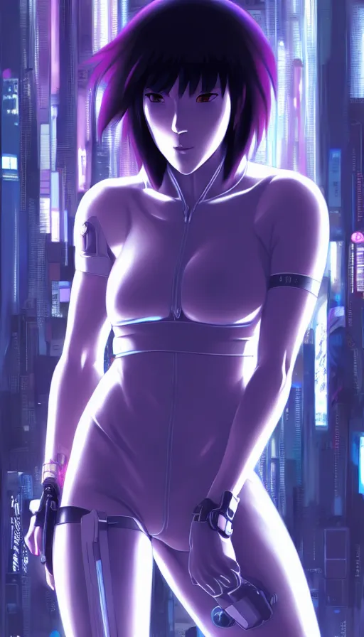 Image similar to a still fullbody portrait of motoko kusanagi ghost in the shell, finely detailed features, closeup at the faces, perfect art, at a cyberpunk city, gapmoe yandere grimdark, trending on pixiv fanbox, by ilya kuvshinov, rossdraws, artgerm