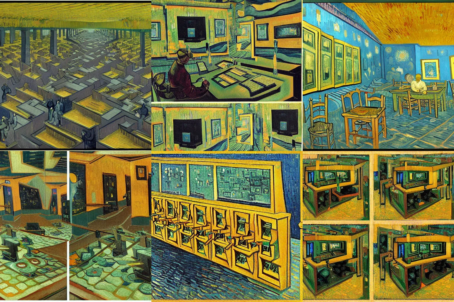 Image similar to painting of computer recursion by van gogh and mc escher, hyperdetailed