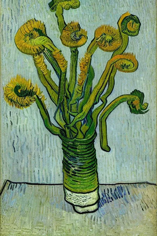 Image similar to Fiddleheads, painted by Vincent Van Gogh (1890), oil on canvas, detailed brushstrokes