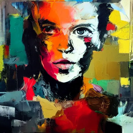 Prompt: portrait by adrian ghenie, painted, oil paint, palette knife, collage, stencil, vibrant, atmospheric, grainy,