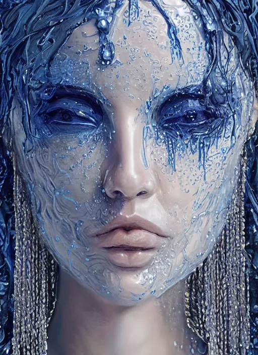 Image similar to sculpture made of water, portrait, female, future, shaman, harper's bazaar, vogue, magazine, insanely detailed and intricate, concept art, blue, wet, ornate, luxury, elite, elegant, trending on artstation, by ruan jia, by Kenneth Willardt, by ross tran, by WLOP, by Andrei Riabovitchev,