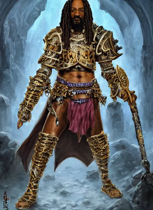Image similar to snoop dogg as a barbarian, short beard, grumpy, intricate plate armor with purple accents, Ivan Aivakovsky, Boris Vallejo, epic fantasy character art, D&D Concept Art, full length, Realistic, Regal, Refined, Detailed Digital Art, Oil Paining, Exquisite detail, post-processing, masterpiece, Cinematic Lighting, Unreal Engine, 8k, HD, Stanley Artgerm Lau, WLOP, Rossdraws, Frank Frazetta, Andrei Riabovitchev, Marc Simonetti, trending on artstation,