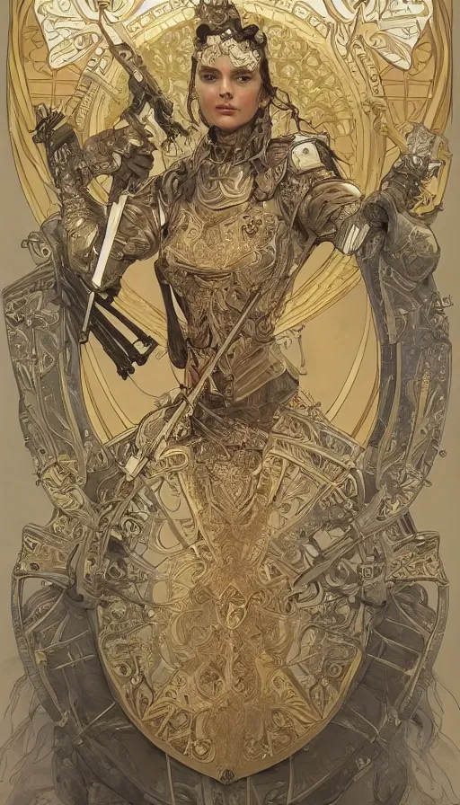 Prompt: soldiers in silver armor, highly detailed, very intricate, art nouveau, gold filigree, left right symmetry, tarot concept art watercolor illustration by mandy jurgens and alphonse mucha and alena aenami, featured on artstation