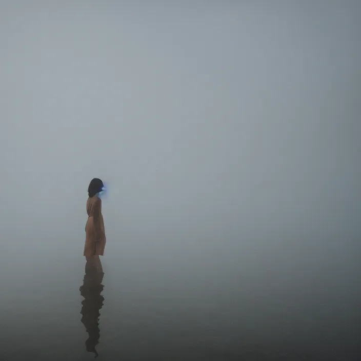 Prompt: a woman, standing in shallow endless water, foggy, backlit, wearing amazing clothes, backlit, photo by Marat Safin, Canon EOS R3, f/1.4, ISO 200, 1/160s, 8K, RAW, unedited, symmetrical balance, in-frame