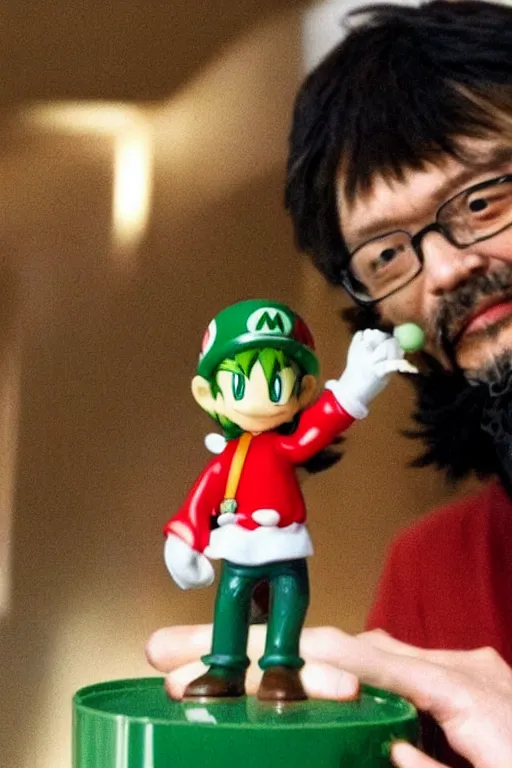 Prompt: hideaki anno popping out of a green mario pipe, holding a figurine of asuka langley triumphantly in his raised hand