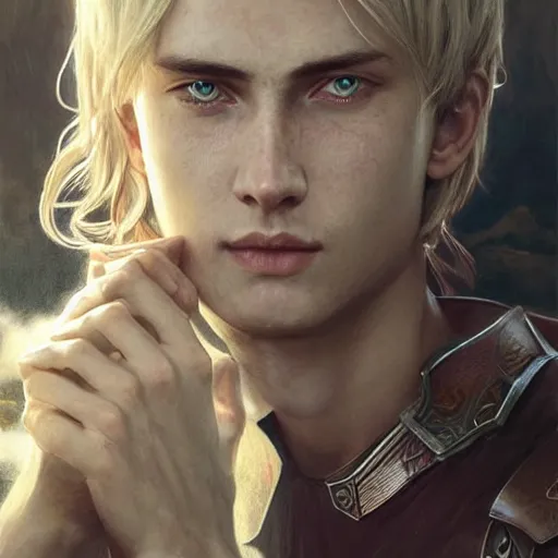 Image similar to portrait painting of a young melancholic man with a soft face and short light blonde hair wearing armor, ultra realistic, concept art, intricate details, eerie, highly detailed, photorealistic, octane render, 8 k, unreal engine. art by artgerm and greg rutkowski and charlie bowater and magali villeneuve and alphonse mucha