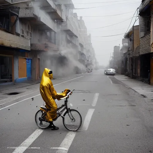 Image similar to a photo of a female wearing a hazmat suit, riding a bike, side-view, smoke in the background, filthy streets, broken cars. Vines growing. Jpeg artifacts. Full-color photo. Color color color color color. Award-winning photo. OM system 12–40mm PRO II 40mm, 1/100 sec, f/2 8, ISO 800