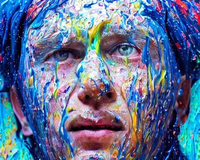 Image similar to still shot close up footage of the portrait of a human head explodes and disintegrates into acrylic pour and splashing paint, motion blur, hyperrealistic, medical, intricate art photography, anatomically correct, realistic crisp textures, 1 6 k