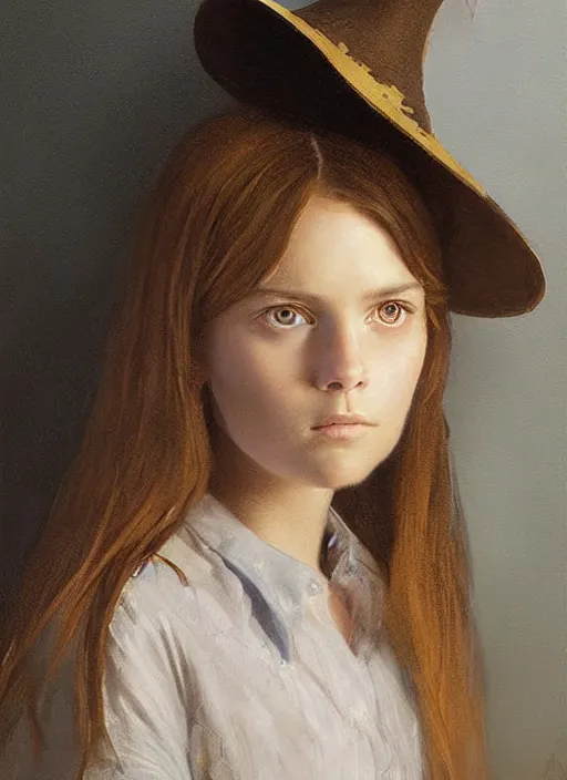 Image similar to a portrait of a thirteen year old girl with brown hair and a stern expression. she is wearing a simple dress and a black pointed witch hat. beautiful painting with highly detailed face by greg rutkowski and raymond swanland