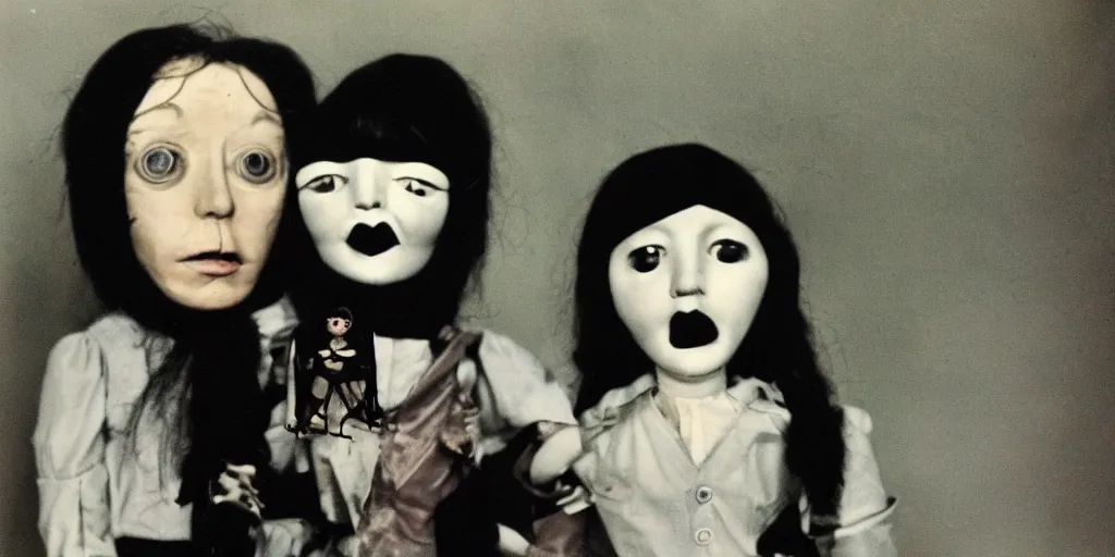 Image similar to 1 9 7 0 s female alive, eerie, creepy masked marionette puppet, unnerving, clockwork horror, pediophobia, lost photograph, dark, forgotten, final photo found before disaster, realistic, family portrait, polaroid,