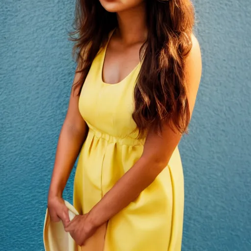 Prompt: close up portrait of a beautiful, attractive brown hair woman, wearing a yellow sundress, in downtown Los Angeles