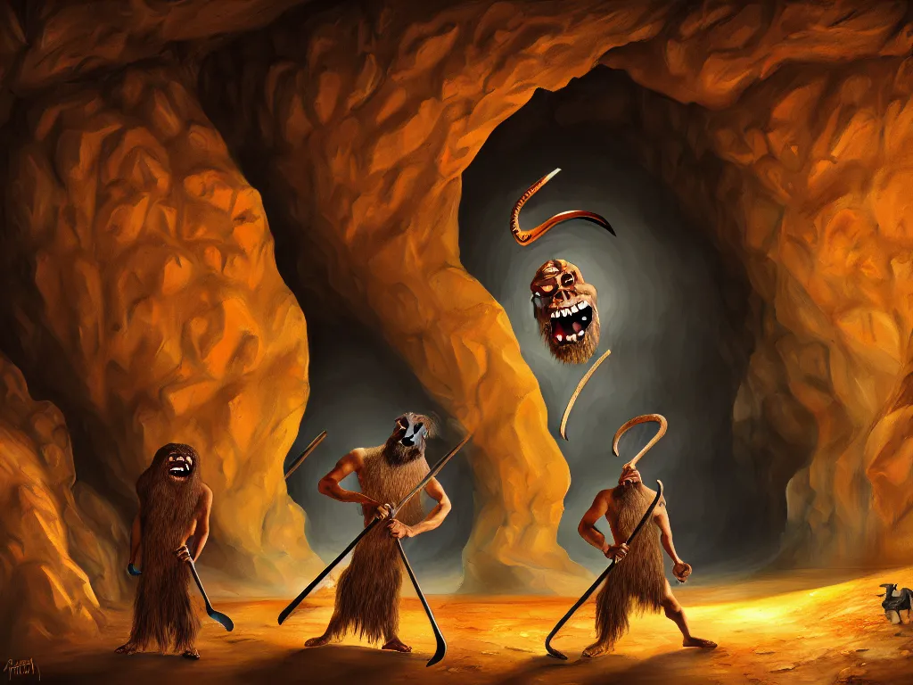 Image similar to a painting of a human of a big mouth turns into a cave with strange bearded beings with scythes, 4 k, art by miguel alandia pantoja