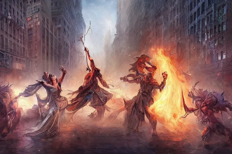 Image similar to Beautiful few sorcerers attacking people on streets with thunders in New York city , wide angle, magic, fire, face painting, dramatic lighting, intricate, wild, highly detailed, digital painting, artstation, concept art, smooth, sharp focus, illustration, art by artgerm and greg rutkowski and alphonse mucha, footage from space camera