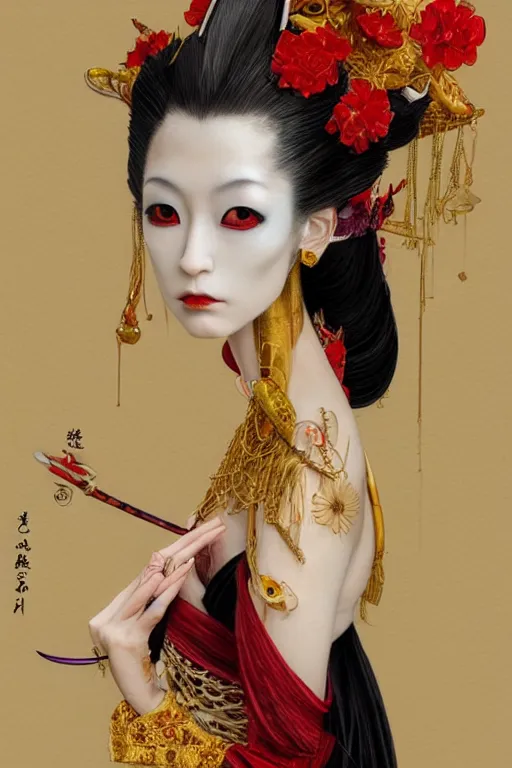 Image similar to watercolor painting of a japanese bjd geisha vampire queen with a long neck by hajime sorayama, irakli nadar, h. r. giger, epic dark - fantasy, red, gold flowers, black, surrealism, artgerm