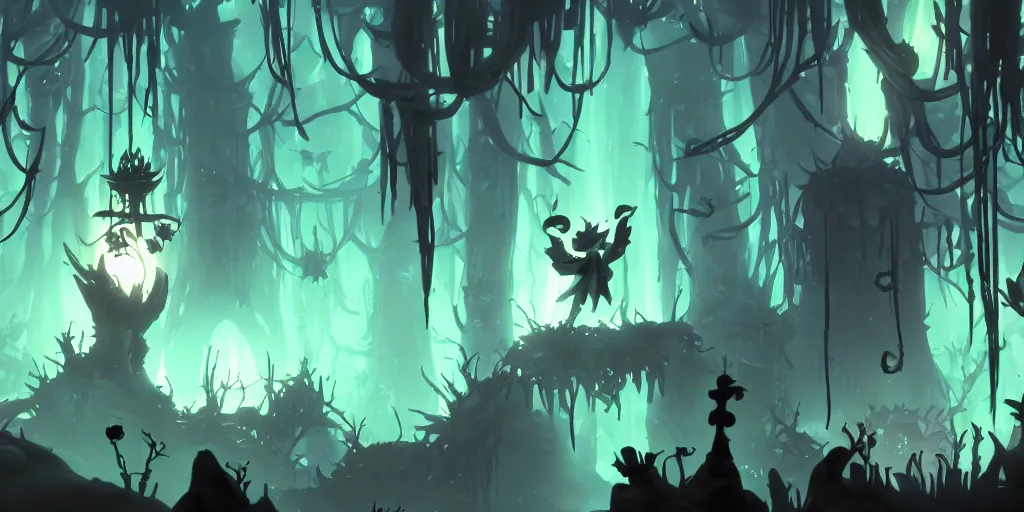 Image similar to latex dungeon dark room in the style of ori and the blind forest