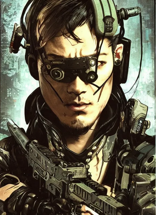 Image similar to cyberpunk blackops samurai. night vision. portrait by ashley wood and alphonse mucha and laurie greasley and josan gonzalez and james gurney. spliner cell, apex legends, rb 6 s, hl 2, d & d, cyberpunk 2 0 7 7. realistic face. dystopian setting.