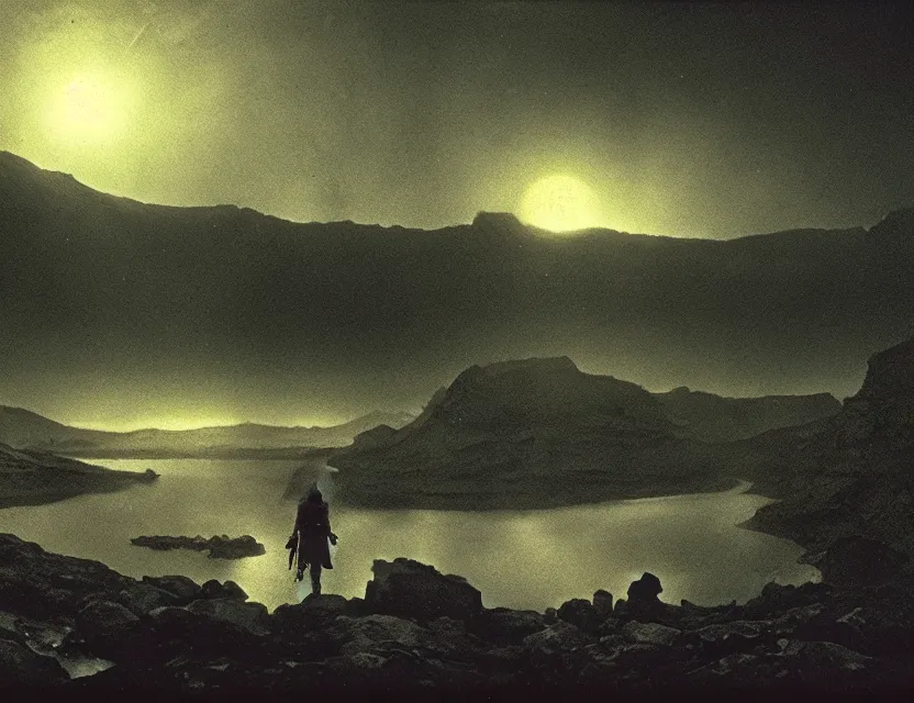 Image similar to wanderer, eerie, greek fantasy panorama, a magnificent lizard ghost giant above the magic shining river styx, at night, otherworldly, ghost giant above the horizon, stanley kubrick, 1 7 mm, wide shot, surreal, deep