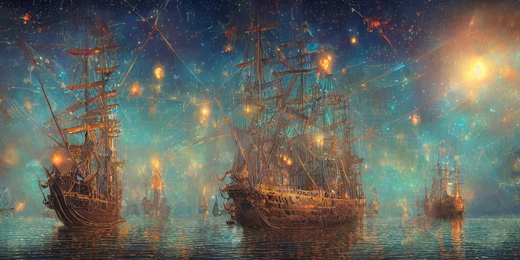 Prompt: a lone giant steampunk tall - ship made of wrought - iron sailing through nebulae, gossamer woven sails and surrounded by millions of stars, bokeh, ray tracing, hyperrealistic digital painting, colorful masterpiece by studio ghibli