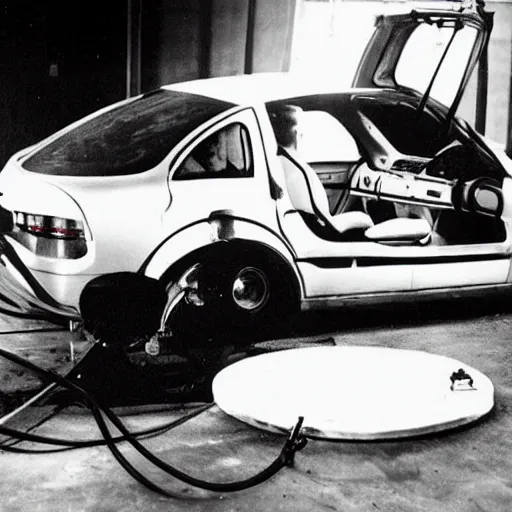 Image similar to future car being worked on by scientist nikola tesla next to elon musk photography 2 0 0 0's