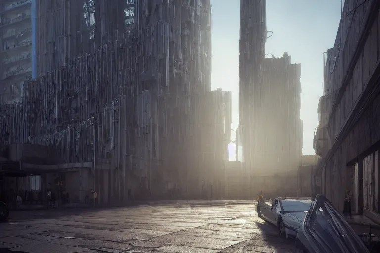 Image similar to streetscape, a towering cathedral of brutalist architecture, buildings covered with greebles, stunning volumetric light, sunset, metal, concrete and translucent material, stunning skies, majestic landscape, trending on Artstation, 8k, photorealistic, hyper detailed, unreal engine 5, IMAX quality, cinematic, epic lighting, in the style of Greg Rutkowski