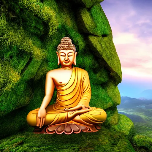 Image similar to a dreamy buddha meditating in a cave and overlooking a vast plain, mossy rocks, a sky full of stars background, 4 k, hyper realistic, in he style of national geographic, coherent design, symmetrical, vivid colour, complementary colour, golden ratio, detailed, sharp lines, intricate, rainbow shift, in unreal 3 d engine, ray tracing, octane render