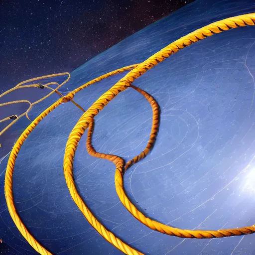 Image similar to A photograph of the solar system, with thick ropes connecting the planets to the sun.